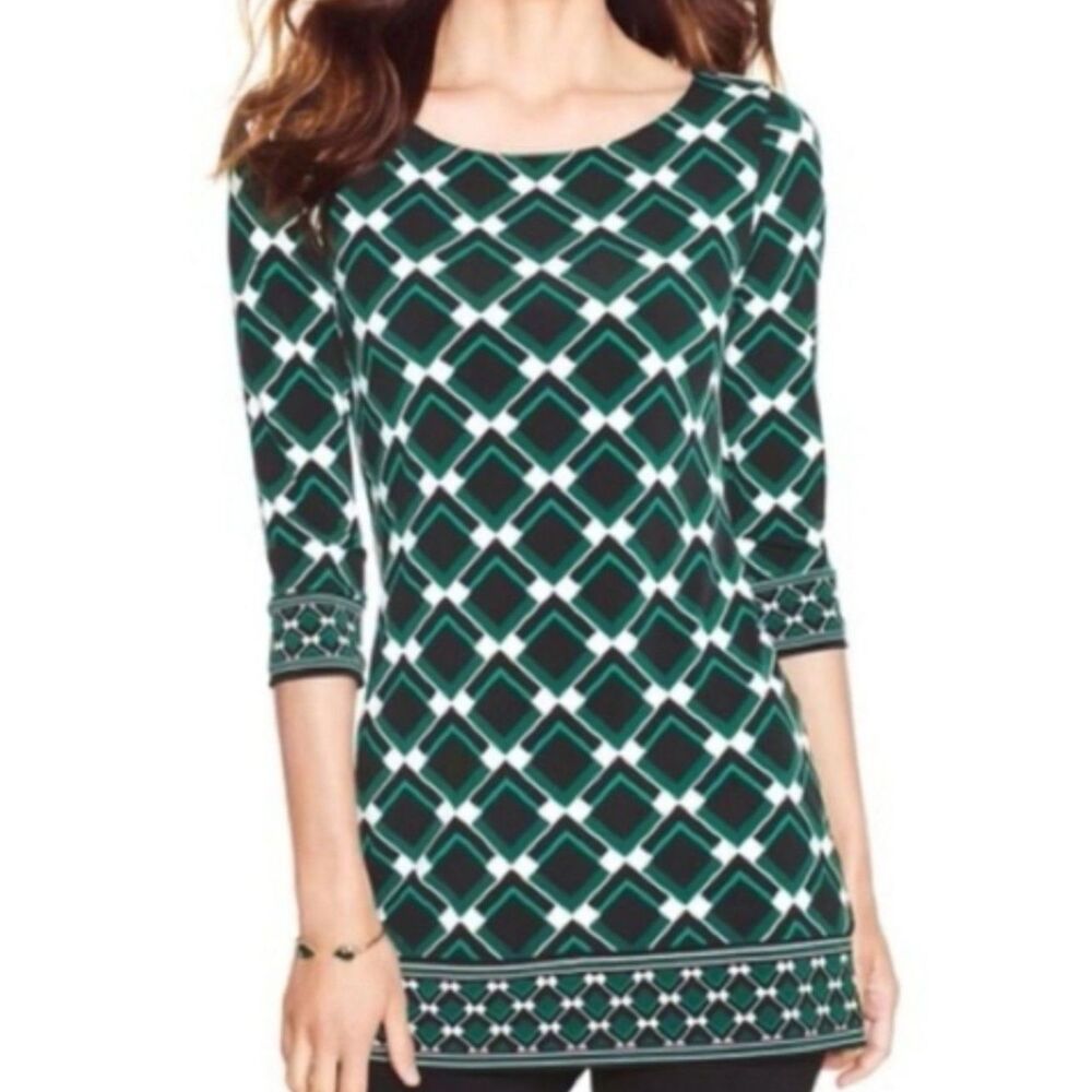 White House Black Market Black White & Green Square Print Tunic Size M